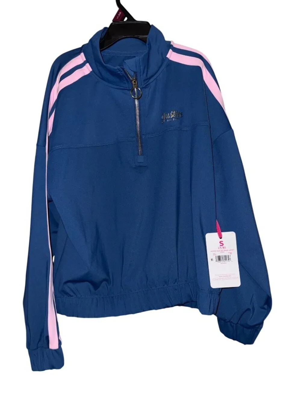 Justice Girls Blue Half-Zip Pullover With Pink Stripe Accents Size Small (7/8)